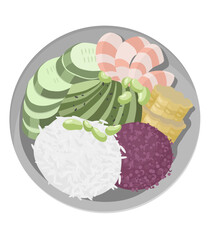 Vector illustration of a bowl with cucumbers and prawns - 606797467