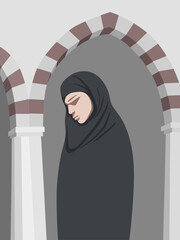 Vector illustration of a muslim woman in front of a mosque - 606797488