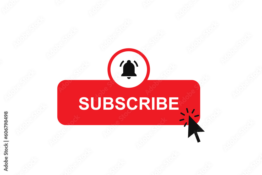 Poster subscribe button with notification bell icon alarm symbol, mouse cursor click icon. subscribed lower