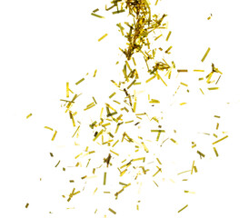 Golden Confetti Foil fall splashing in air. Gold Confetti Foil explosion flying, abstract cloud fly. Many Party glitter scatter in many group. White background isolated
