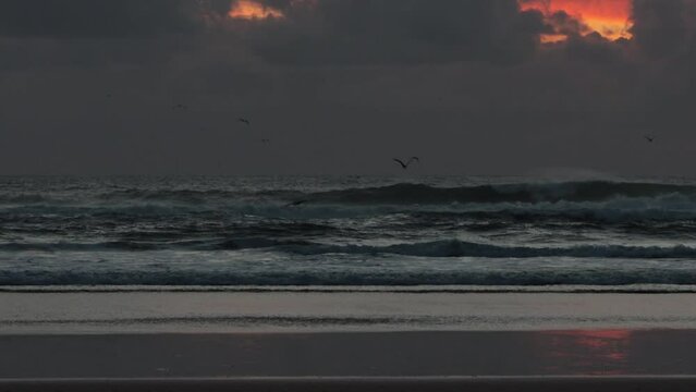 Rough sea in dark stormy weather and birds flying over it