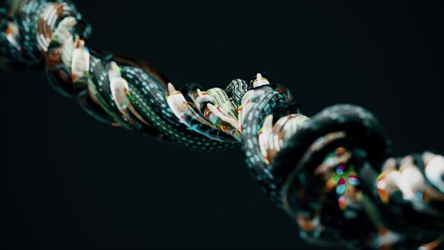Wires, ropes, ropes and tubes on a dark background. Close-up. Splash, undulating motion. Knot. Tangled. 3d animation