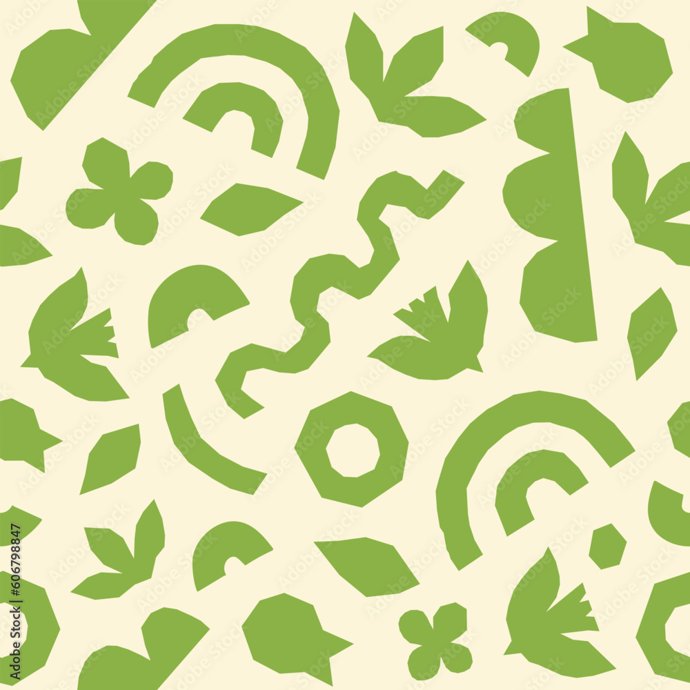 Poster abstract seamless pattern with green geometric cutting doodles. trendy random shapes on a beige back
