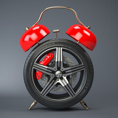 Time to change car tires or wheels. Car wheel  in the form of  alarm clock on grey background.