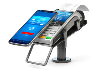 Contactless  payment with smart phone. POS terminal with NFC mobile phone isolated on white.