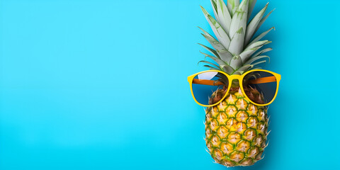 Hipster pineapple in sunglasses on yellow background summer background flat lay