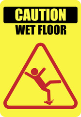 Printable sticker label of wet Floor slippery surface sign icon with falling man in modern rounded style. For template safety indoor industrial sign in yellow rectangle background