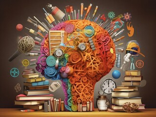 A colorful collage with books, brain, lightbulbs