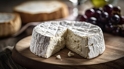 types of camembert cheese on wooden board, grape and bread in blur background, AI - obrazy, fototapety, plakaty