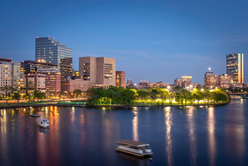 The skyline of Boston in Massachusetts, USA at night showcasing its mix of contemporary and...