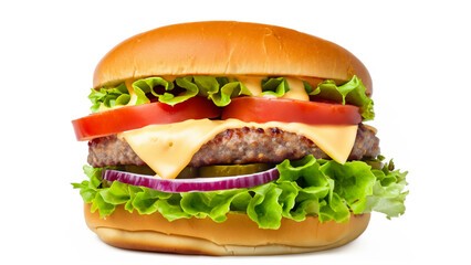 Big fresh burger with cheese, tomato, lettuce, pickles and mayonnaise isolated on white background