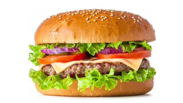 Big fresh burger with cheese, tomato, lettuce, pickles and mayonnaise isolated on white background