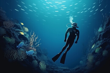 Fototapeta na wymiar Woman scuba diving in deep blue sea banner on black background