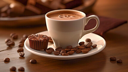 Fototapeta premium Generative A.I. a cup of coffee with chocolates and coffee beans on a table surface, copy space,, food photography, copy space, coffeebreak, enjoyment