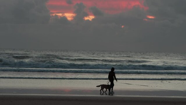 A woman walks a dog on the seashore in stormy weather