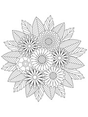 Doodle floral drawing. Art therapy coloring page.A coloring page of monochrome flowers for an adult coloring book.
