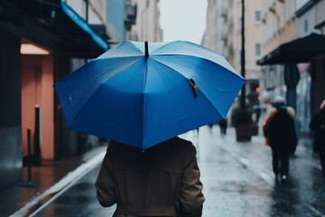 Unrecognizable woman with blue umbrella walking down city street in a rainy weather