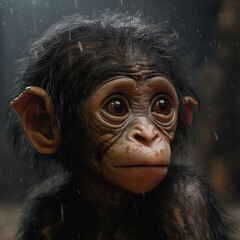Small baby monkey in the jungle - raining 