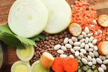 Obraz na płótnie Canvas ingredients for soup. Beans, vegetables and legumes 