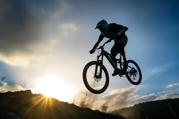 unrecognizable Skilled mountain biker jumping