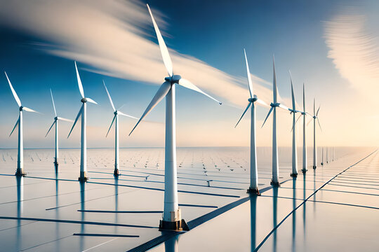 Panoramic view of wind farm with high wind turbines