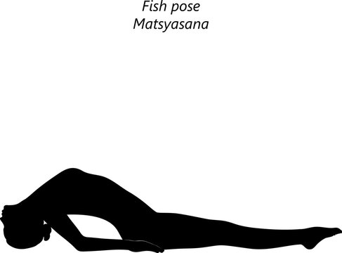 Flat black silhouette of young woman practicing yoga, doing Fish pose. Matsyasana. Supine and Backbend. Beginner. Vector illustration isolated on transparent background.