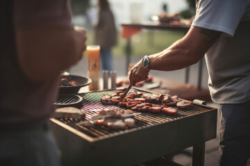Unrecognizable man cooking a delicious meal on a barbecue grill flipping burgers and enjoying outdoor dining with friends or family,