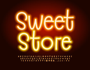Vector electric Signboard Sweet Store. Bright Glowing Font. Neon Alphabet Letters and Numbers