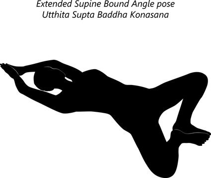 Flat black silhouette of young woman practicing yoga, doing Extended Supine Bound Angle pose. Utthita Supta Baddha Konasana. Supine and Neutral. Vector illustration isolated on transparent background.