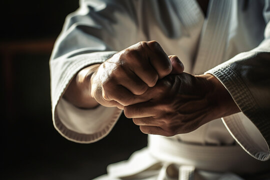 Unrecognizable man practicing a martial art such as kung fu jiu-jitsu or taekwondo demonstrating skill and strength in combat,