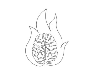 Continuous one line drawing of human brain inside fire flame shape. Brain line art vector illustration, psychology, idea and intelligence concept.  Editable stroke.