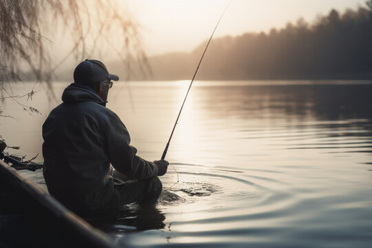 Unrecognizable man enjoying a day of fishing casting a line and reeling in a catch with a sense of relaxation and connection with nature,