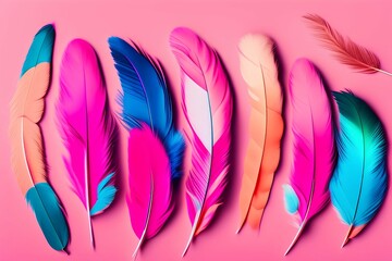 Colorful feathers on a pink background. top view. - generative ai
