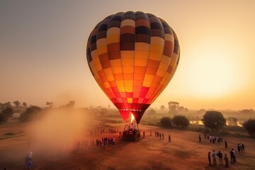 Hot Air Balloon on the ground landing or starting to launch with unrecognizable people, AI Generated