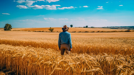 Naklejka na ściany i meble A farmer stands in a wheat field and looks at the horizon. Generative AI.