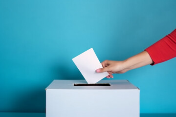 Voter Holds Envelope In Hand Above Vote Ballot On Blue Background, Freedom Democracy Concept