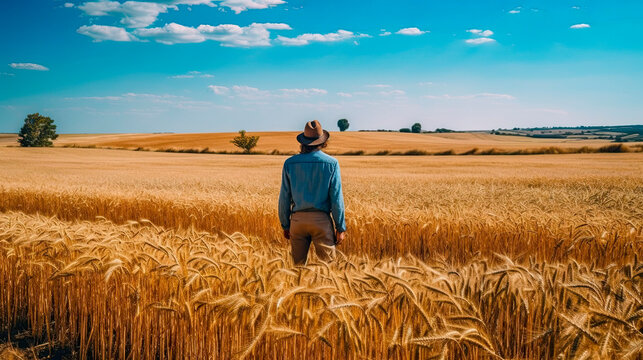 A farmer stands in a wheat field and looks at the horizon. Generative AI.