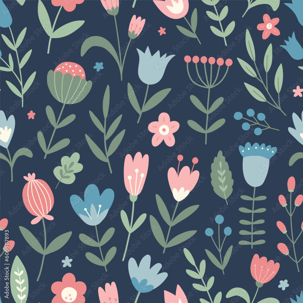 Wall mural Vector floral seamless pattern. Flowers on dark blue background. Beautiful spring floral repeat background. Floral print design for textiles, wrapping paper, gift paper, fabric.