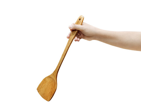 Hands holding wooden ladle isolated PNG transparent