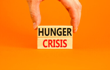 Hunger crisis symbol. Concept words Hunger crisis on wooden blocks on a beautiful orange table orange background. Businessman hand. Business, support and Hunger crisis concept. Copy space.