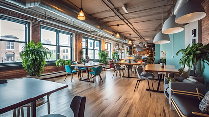An innovative co-working space nestled in a vibrant urban setting, featuring an eclectic mix of professionals from different industries working together. 