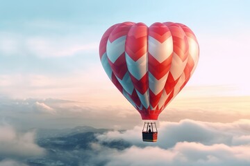 heart shaped Hot Air Balloon with unrecognizable people in the sky, AI Generated