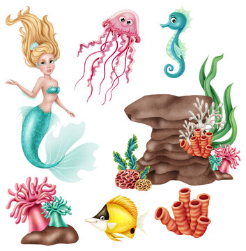 Set of mermaid and sea creatures elements