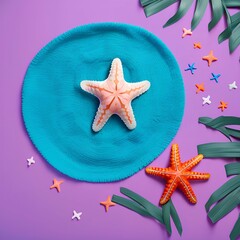 Colorful starfish placed on pink towel and blue background representing summer vacation concept - generative ai
