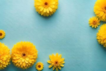 Top view yellow marigolds frame on a pastel sky blue background with copy space, flat lay