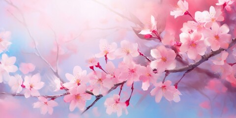 Beautiful pink cherry blossoms in spring, background with copy space