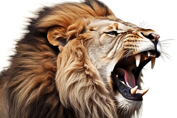 roaring lion isolated on white background. Generated by AI. - obrazy, fototapety, plakaty