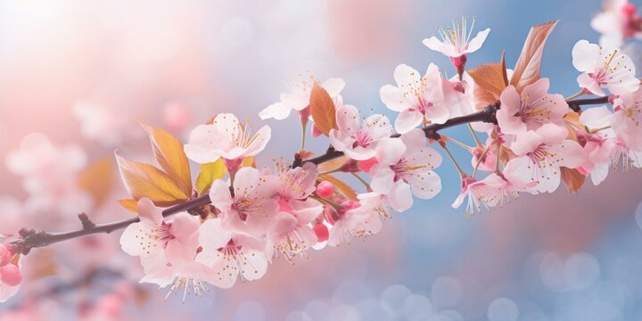 Beautiful pink cherry blossom on a light blue and pink background © Julia Art