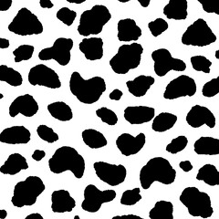 Cow seamless pattern. Vector long abstract background with repeated hand drawn black stains on a white background. Monochrome texture