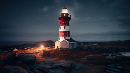 Guiding Light in the Storm: A Red and White Lighthouse Defying the Night Tempest. Generative AI